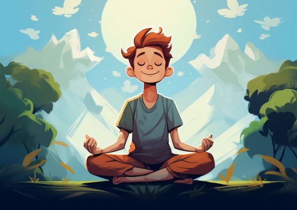 child basic cartoon style man meditating by frank thomas, stillness, powerful, vector